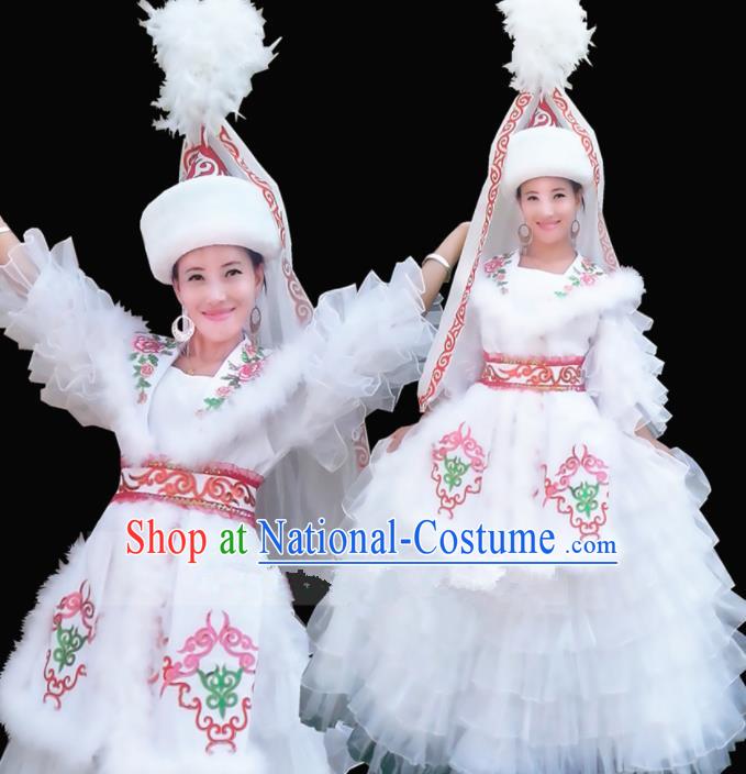 Chinese Traditional Kazak Nationality Wedding Costume Folk Dance Ethnic White Dress for Women