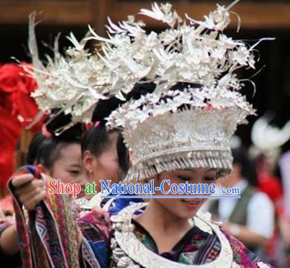 Chinese Traditional Miao Nationality Bride Hat Hmong Headwear for Women