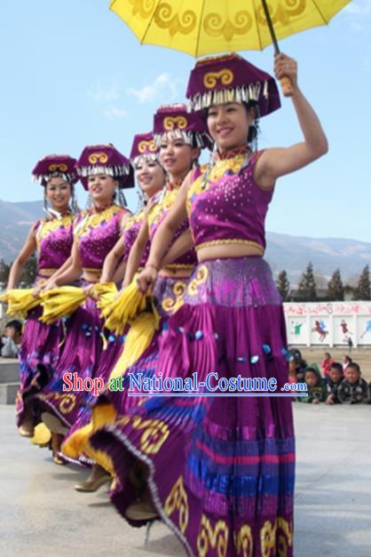 Chinese Traditional Yi Nationality Costume Folk Dance Dress Ethnic Purple Clothing for Women