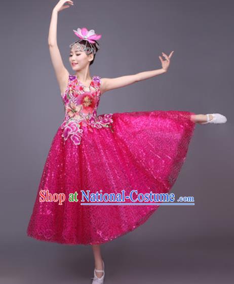 Professional Modern Dance Rosy Bubble Dress Opening Dance Stage Performance Chorus Costume for Women