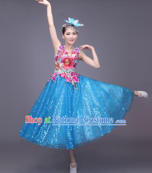 Professional Modern Dance Blue Bubble Dress Opening Dance Stage Performance Chorus Costume for Women