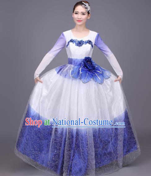 Professional Modern Dance Blue Dress Opening Dance Stage Performance Chorus Costume for Women