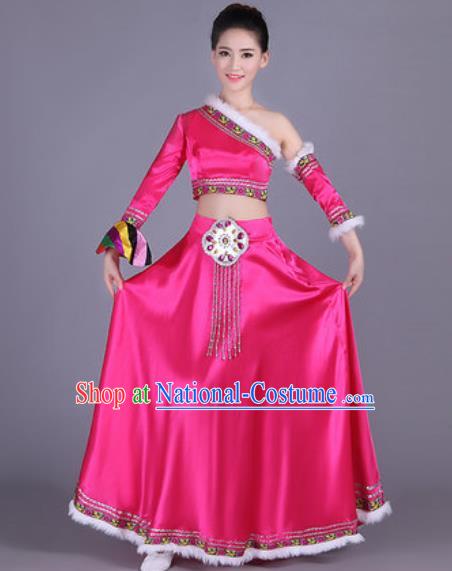 Chinese Traditional Zang Nationality Costume Tibetan Folk Dance Ethnic Rosy Dress for Women