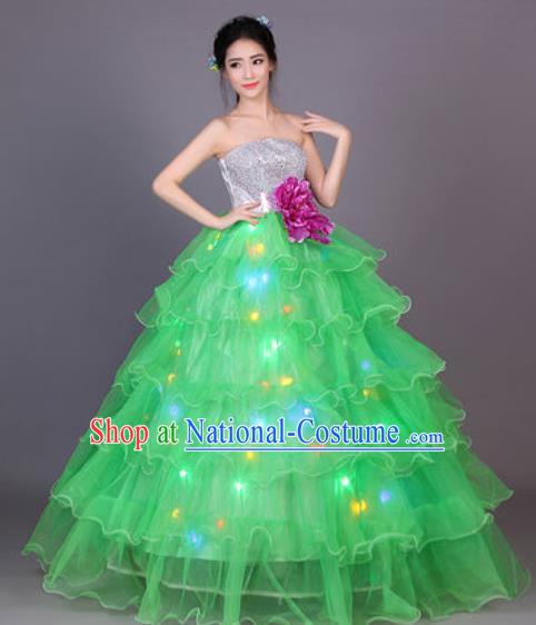 Professional Modern Dance Green Flowers Dress Opening Dance Stage Performance Chorus LED Costume for Women