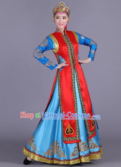 Chinese Traditional Mongol Nationality Costume Mongolian Folk Dance Ethnic Red Dress for Women