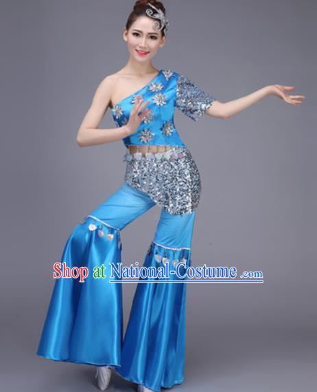 Chinese Classical Dance Costume Traditional Folk Dance Yangko Blue Clothing for Women