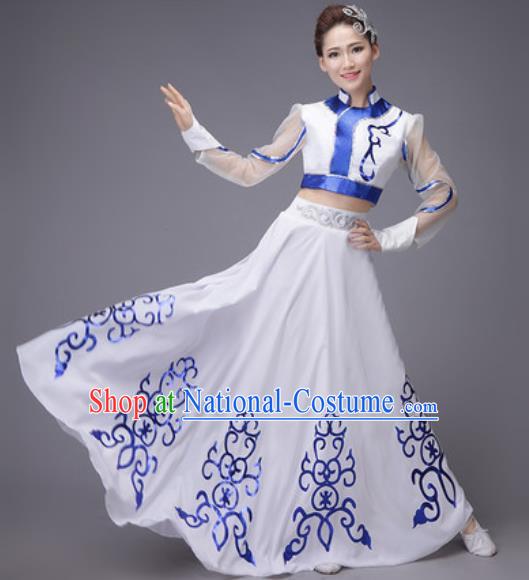 Chinese Traditional Mongol Nationality Costume Mongolian Folk Dance Ethnic White Dress for Women