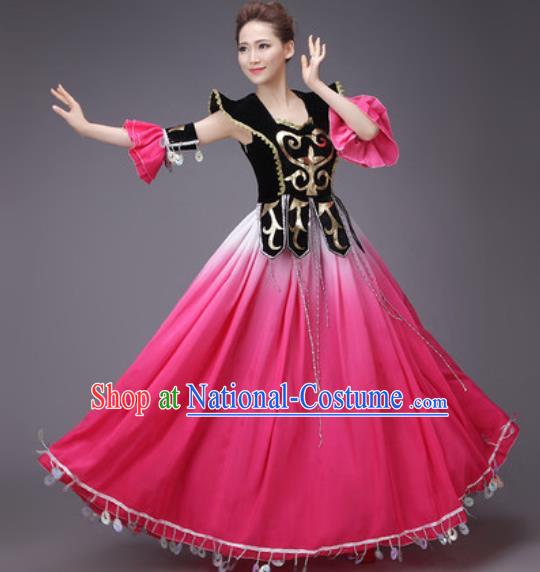 Chinese Traditional Uyghur Nationality Costume Uigurian Folk Dance Ethnic Rosy Dress for Women