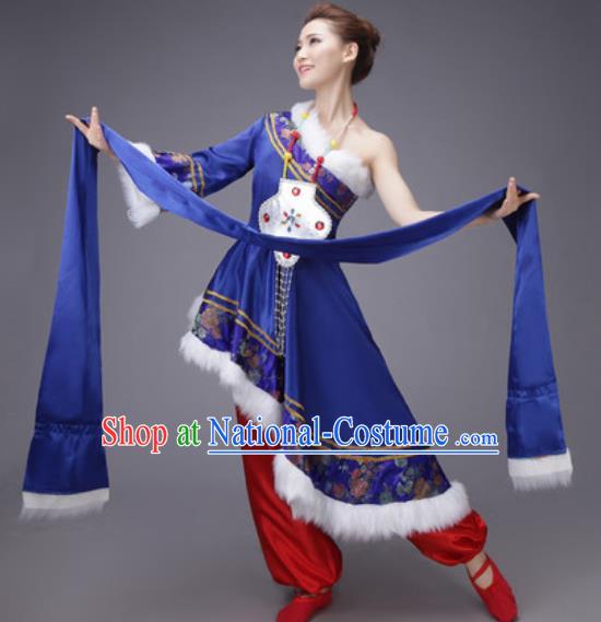 Chinese Traditional Zang Nationality Dance Costume Tibetan Folk Dance Ethnic Royalblue Dress for Women