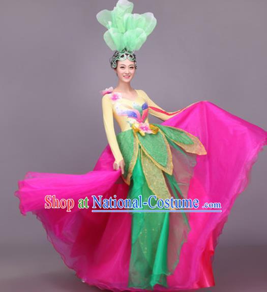 Chinese Traditional Classical Dance Costume Folk Dance Lotus Dance Rosy Dress for Women