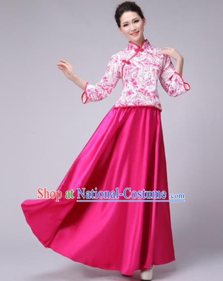 Chinese Classical Dance Fan Dance Costume Traditional Folk Dance Chorus Rosy Dress for Women