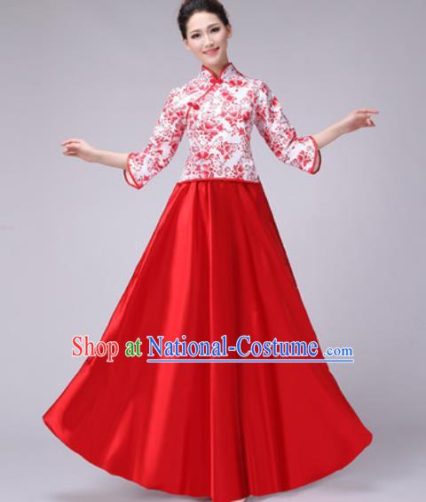 Chinese Classical Dance Fan Dance Costume Traditional Folk Dance Chorus Red Dress for Women