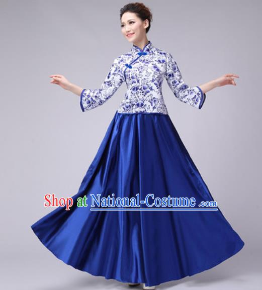 Chinese Classical Dance Fan Dance Costume Traditional Folk Dance Chorus Royalblue Dress for Women