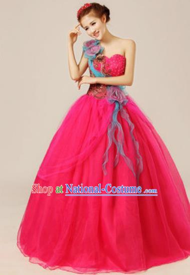 Top Grade Chorus Compere Rosy Veil Costume Modern Dance Ballroom Waltz Stage Performance Dress for Women