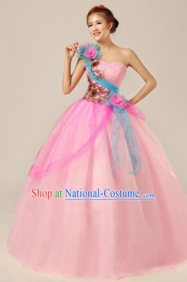 Top Grade Chorus Compere Pink Veil Costume Modern Dance Ballroom Waltz Stage Performance Dress for Women