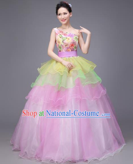 Professional Modern Dance Compere Pink Veil Dress Opening Dance Stage Performance Costume for Women