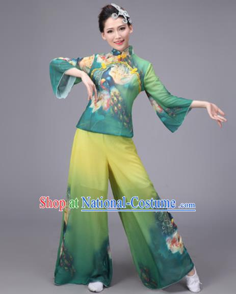 Chinese Classical Dance Costume Traditional Folk Dance Yanko Printing Green Clothing for Women