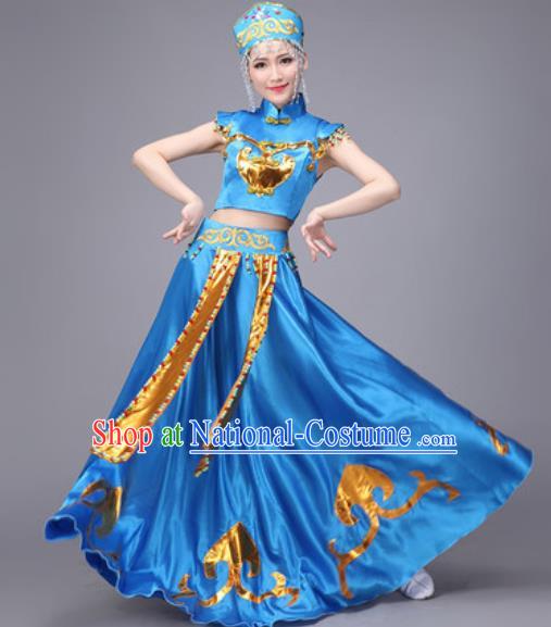 Chinese Traditional Mongol Nationality Dance Costume Mongolian Folk Dance Ethnic Blue Dress for Women