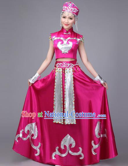 Chinese Traditional Mongol Nationality Dance Costume Mongolian Folk Dance Ethnic Rosy Dress for Women