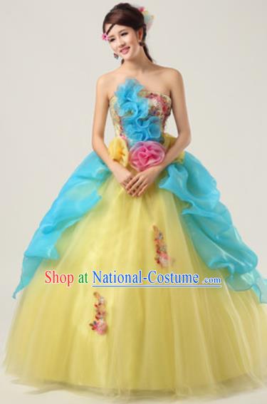 Top Grade Waltz Dance Compere Yellow Costume Modern Dance Stage Performance Dress for Women