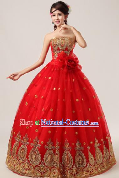 Top Grade Compere Costume Waltz Dance Modern Dance Stage Performance Red Dress for Women