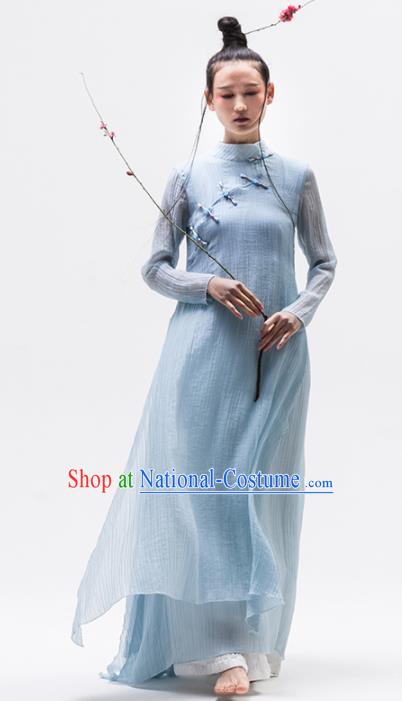 Chinese National Costume Traditional Cheongsam Tang Suit Blue Qipao Dress for Women