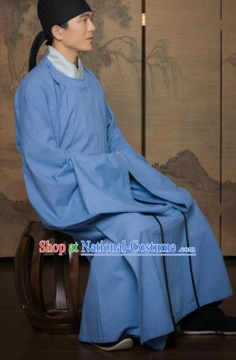 Chinese Traditional Song Dynasty Scholar Replica Costumes Ancient Minister Blue Robe for Men