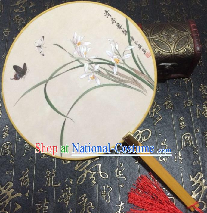 Chinese Ancient Palace Fans Handmade Printing Orchid Round Fans for Women