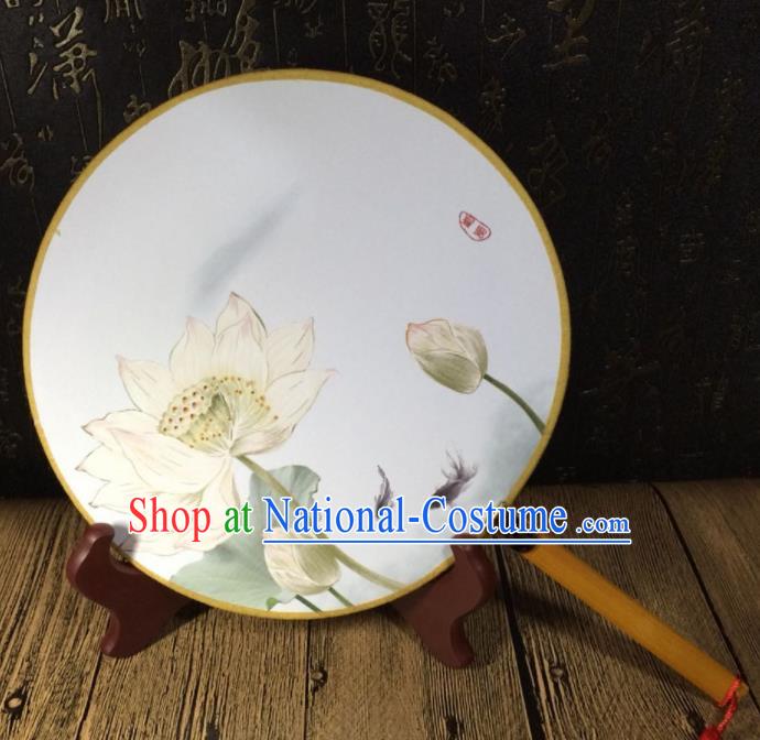 Chinese Ancient Palace Fans Handmade Printing Lotus Round Fans for Women