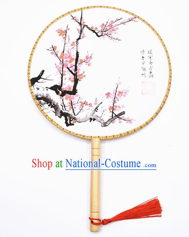 Chinese Ancient Palace Fans Handmade Ink Painting Red Plum Blossom Round Fans for Women