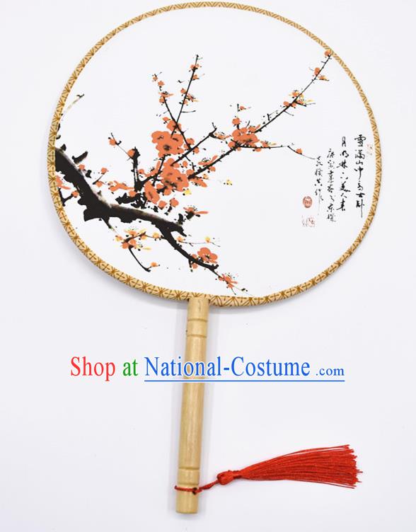 Chinese Ancient Palace Fans Handmade Ink Painting Red Plum Blossom Round Fans for Women