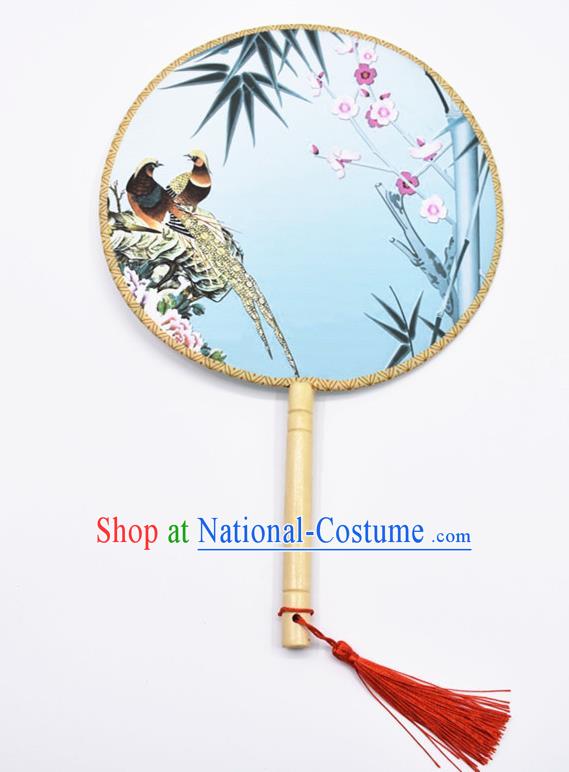 Chinese Ancient Palace Fans Handmade Traditional Printing Birds Blue Silk Round Fans for Women