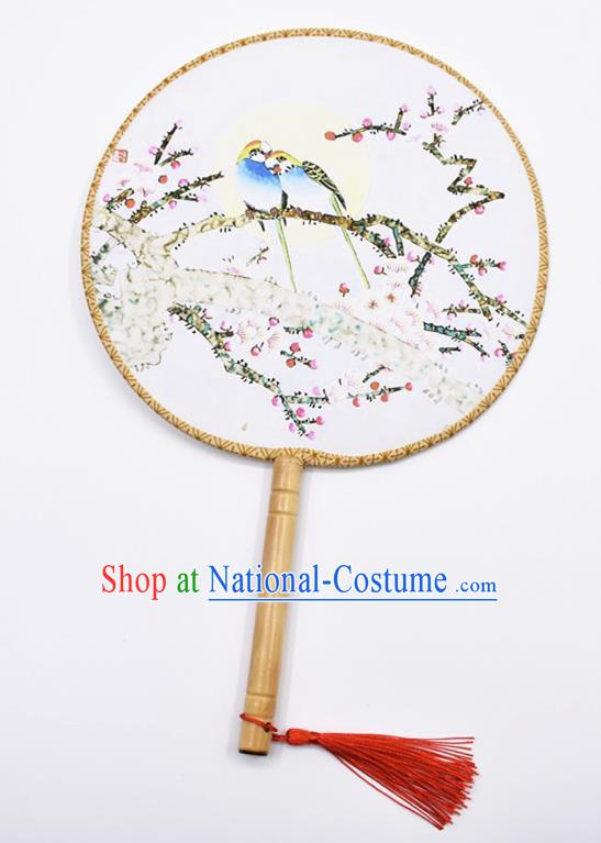 Chinese Ancient Palace Fans Handmade Traditional Printing Birds Wintersweet Silk Round Fans for Women