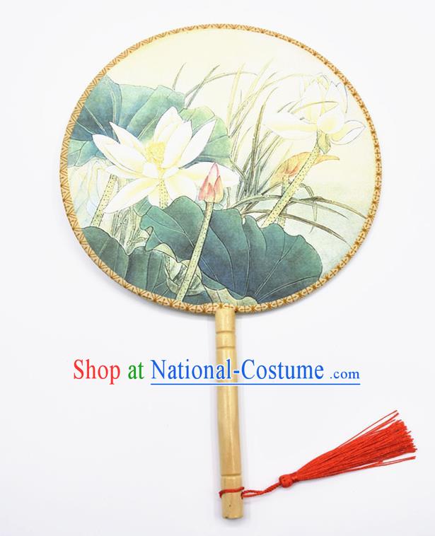 Chinese Ancient Palace Fans Handmade Traditional Printing Lotus Silk Round Fans for Women