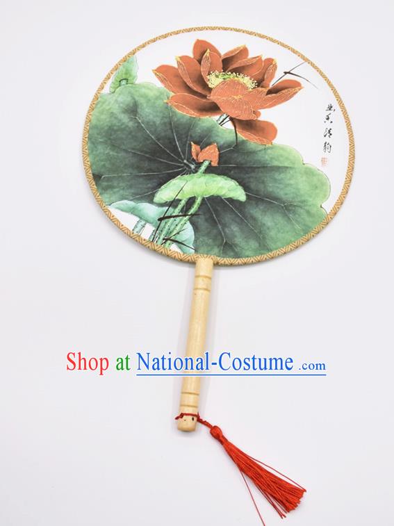 Chinese Ancient Palace Fans Handmade Traditional Printing Lotus Green Silk Round Fans for Women