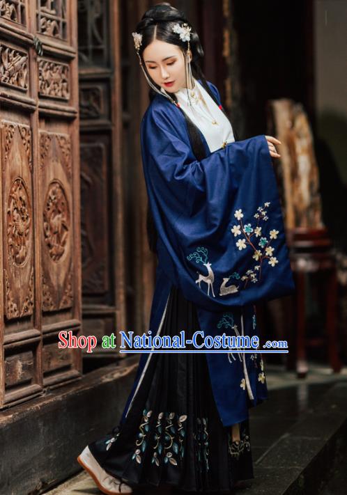 Chinese Ancient Embroidered Costumes Ming Dynasty Princess Blue Hanfu Dress for Women