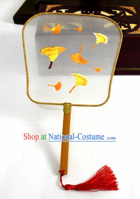 Chinese Ancient Palm-leaf Fans Traditional Embroidered Ginkgo Leaf Palace Fans for Women