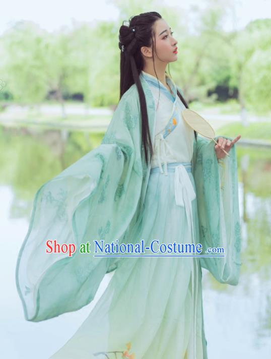 Chinese Ancient Maidenform Costumes Jin Dynasty Princess Embroidered Green Hanfu Dress for Women