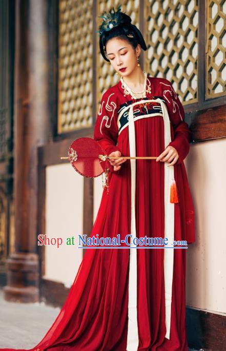 Chinese Ancient Maidenform Costumes Tang Dynasty Princess Embroidered Red Hanfu Dress for Women