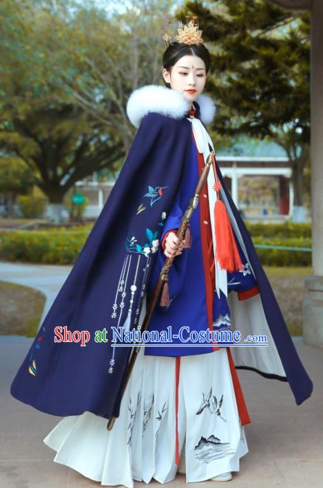 Chinese Ancient Ming Dynasty Princess Costumes Embroidered Blue Cloak for Women