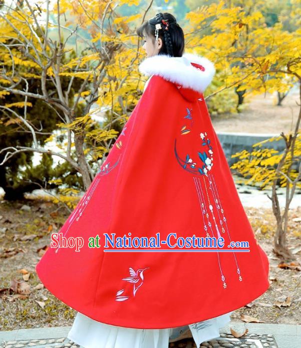 Chinese Ancient Ming Dynasty Swordswoman Costumes Embroidered Red Wool Cloak for Women