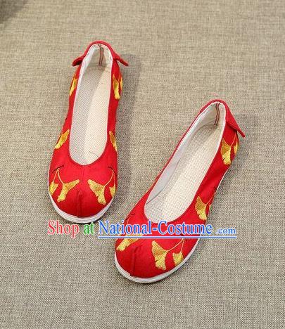 Chinese Ancient Traditional Embroidered Shoes Hanfu Embroidery Ginkgo Red Cloth Shoes for Women