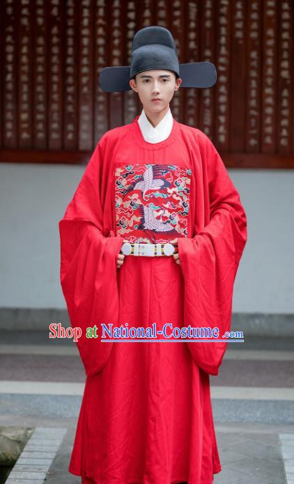 Chinese Ming Dynasty Officer Red Embroidered Robe Ancient Bridegroom Wedding Costumes for Men