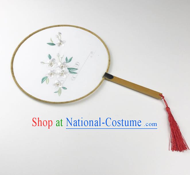 Chinese Ancient Princess Palace Fans Traditional Embroidered White Flowers Round Fans for Women