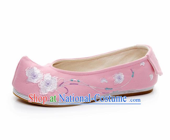 Chinese Ancient Traditional Embroidered Shoes Hanfu Embroidery Peach Flower Pink Cloth Shoes for Women