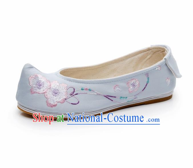 Chinese Ancient Traditional Embroidered Shoes Hanfu Embroidery Peach Flower Blue Cloth Shoes for Women