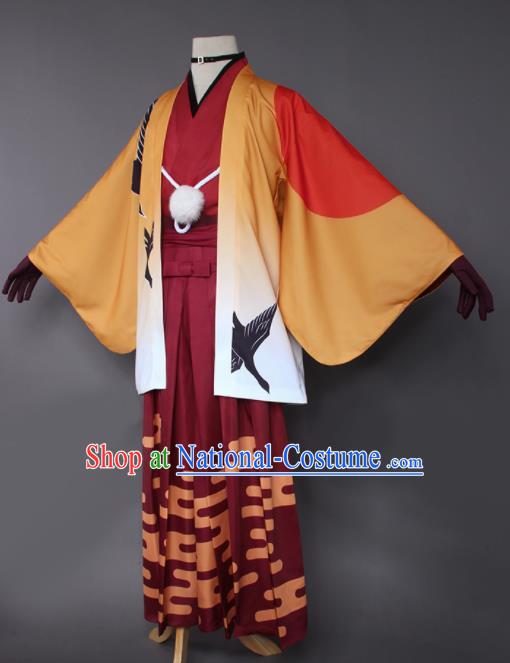 Japanese Traditional Cosplay Knight Costumes Ancient Swordsman Orange Kimono Clothing for Men