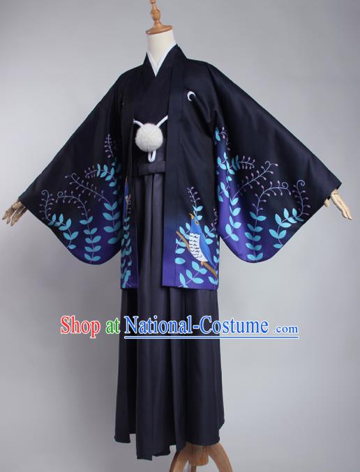 Japanese Traditional Cosplay Knight Costumes Ancient Swordsman Navy Kimono Clothing for Men