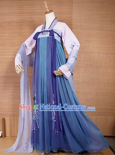 Top Grade Chinese Cosplay Princess Costumes Ancient Tang Dynasty Palace Lady Blue Dress for Women