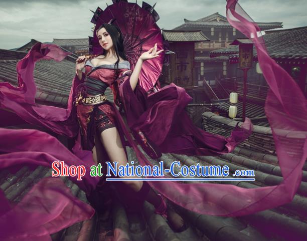 Top Grade Chinese Cosplay Peri Princess Costumes Ancient Swordswoman Purple Dress for Women